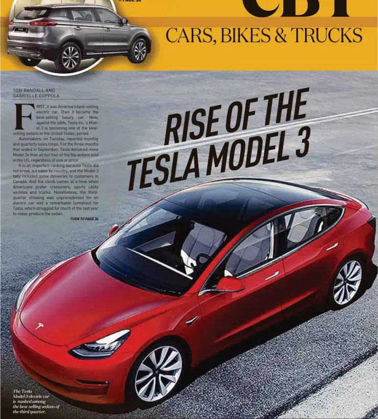  ??  ?? The TeslaModel 3 electric car is ranked among the best-selling sedans of the third quarter.