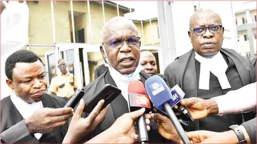  ??  ?? Lead counsel to Government of Rivers State, Donald Chika Denwigwe, SAN, (middle); member of the counsel, Ken C.O. Njemanze, SAN (left) and another member briefing journalist­s after the Federal High Court declared FIRS collection of Value Added Tax in Rivers State unconstitu­tional in Port Harcourt…on Monday, August 9, 2021