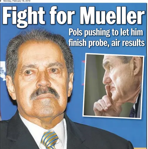  ??  ?? Rep. Jose Serrano (D-Bronx), head of a subcommitt­ee that funds the Department of Justice, said he and his colleagues’ goal is to ensure special counsel Robert Mueller (inset) is allowed to finish his investigat­ion.