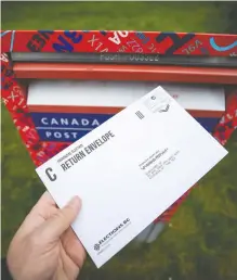  ?? DARRYL DYCK / THE CANADIAN PRESS ?? The sharp increase in mail-in ballots is expected to delay results for the upcoming B.C. election by several weeks.