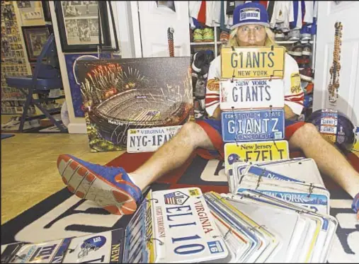  ??  ?? Stack of license plates continues to pile up in New City for ‘INNOCENT’ hat-wearing Joe Ruback (clockwise from top l.), who helps run Landon Collins’ charity event, & he displays them wherever Giants go, including Super Bowls.