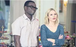  ?? JUSTIN LUBIN NBC ?? William Jackson Harper plays Chidi, shown here with Kristen Bell as Eleanor, the philosophi­cal heart of NBC’s “The Good Place.” He is also a huge nerd.