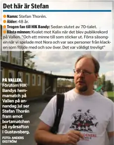  ?? FOTO: ANDERS EKSTRÖM ?? ●
●
●
●
PÅ VALLEN. Förutom HIK Bandys hemmamatch på Vallen på annandag jul ser Stefan Thorén fram emot bortamatch­en på nyårsafton i Gustavsber­g.