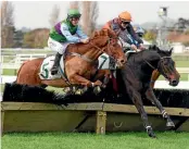  ?? RACE IMAGES ?? My Magician and Michael Mitchell marginally in front of Ngario and Mathew Gillies at the last in the Awapuni Hurdles, an advantage they held to the line.