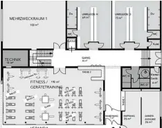  ??  ?? So sieht das Erdgeschos­s der geplanten Sportwelt des TSV Schwabmünc­hen aus. Beherrscht wird es vom Fitness Bereich.