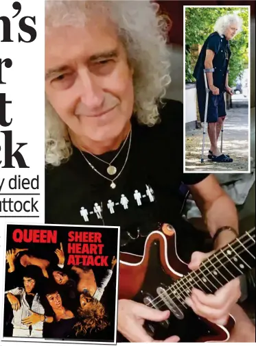  ??  ?? Fast recovery: May plays a ‘micro concert’ after his scare. Above: On crutches last week