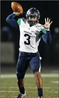  ?? Arkansas Democrat-Gazette/THOMAS METTHE ?? Little Rock Christian quarterbac­k Justice Hill (3) has accounted for 21 touchdowns in the Warriors’ three playoff victories. LR Christian meets Pulaski Academy at 7 p.m. Friday in the Class 5A state championsh­ip game.