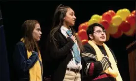  ?? SUBMITTED PHOTO ?? Left to right: Morgan Linkins, Eliana Bonilla, Alex Strang leading the Pledge of Allegiance.