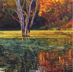  ??  ?? John Hulsey, On the Pond II, 36 x 36"
A large studio knife painting created from a smaller boat study. This shows how beautiful art can be inspired by a simple subject when we look deeply enough.