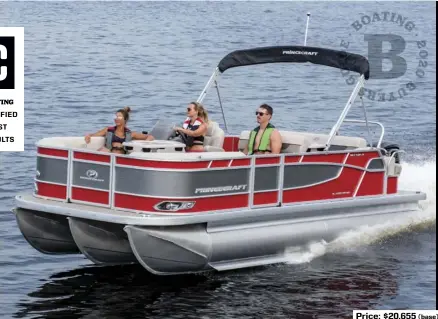  ?? Price: $20,655 (base) ?? SPECS: LOA: 21'6" BEAM: 8'5" DRAFT (MAX): 6" DRY WEIGHT: 1,747 lb. SEAT/WEIGHT CAPACITY: 10/1,969 lb. FUEL CAPACITY: 29 gal.
HOW WE TESTED: ENGINE: Mercury 115 Pro XS DRIVE/PROP: Outboard/14 x 17 4-blade aluminum GEAR RATIO: 2.08:1 FUEL LOAD: 20 gal. CREW WEIGHT: 360 lb.