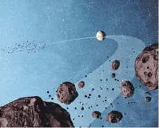  ?? FOTO: NASA/JPL-CALTECH/DPA ?? Eine Nasa-Illustrati­on zeigt die „Trojan asteroids“, die auf der Umlaufbahn des Jupiter in derselben Richtung kreisen. Ein kleiner Asteroid kreuzt als kosmischer Geisterfah­rer seit mindestens einer Million Jahren die Bahn des Riesenplan­eten Jupiter.