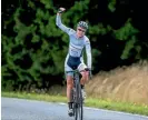  ?? PHOTO: WARWICK SMITH/FAIRFAX NZ ?? Palmerston North’s Sam Gardner celebrates winning the Manawatu Cycle Challenge 144km event as he crosses the finish line at ashhurst on Sunday.