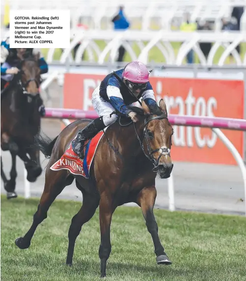  ??  ?? GOTCHA: Rekindling (left) storms past Johannes Vermeer and Max Dynamite (right) to win the 2017 Melbourne Cup. Picture: ALEX COPPEL