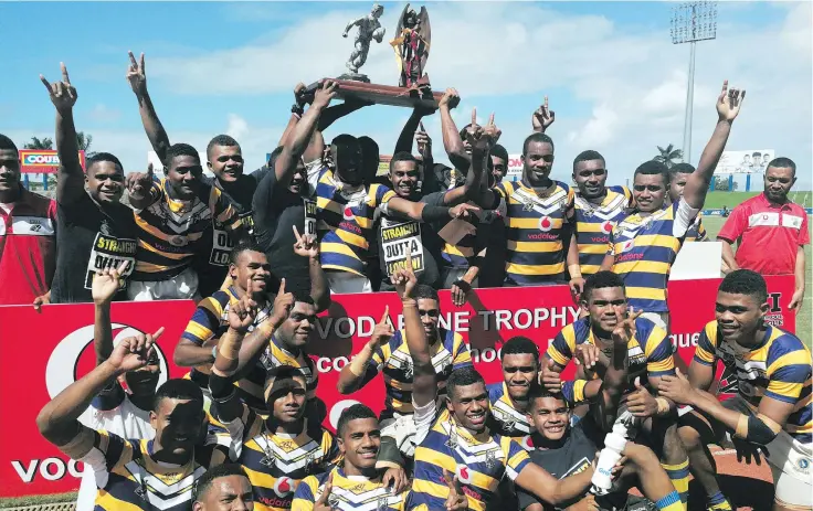  ?? Photo: Nacanieli Tuilevuka ?? Ratu Kadavulevu School Under- 19 rugby league team celebrate after winning the 2018 Vodafone Fiji Secondary Schools Rugby League U19 title at the ANZ Stadium, Suva on April 14, 2018.