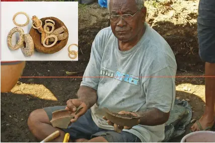  ?? Photos: USP ?? Sepeti Matararaba shows some Lapita sherds from Bourewa in the interior of Viti Levu. Inset: A jewel clay box containing Conus shell ornaments.