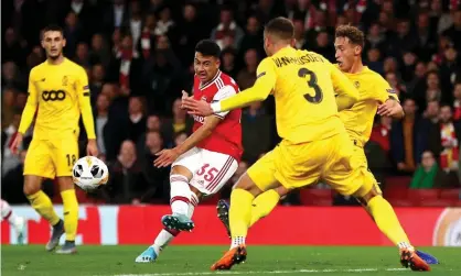  ??  ?? Gabriel Martinelli scored two but could have had a hat-trick against Standard Liege. Photograph: Dan Istitene/Getty Images