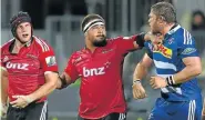  ?? Picture: GETTY IMAGES ?? BOILING OVER: Nepo Laulala, centre, of the Crusaders and the Stormers’ Daniel Vermeulen confront each other during the match the Crusaders won at home on March 8