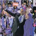 ?? PAUL SANCYA/THE ASSOCIATED PRESS ?? President Barack Obama and Democratic presidenti­al candidate Hillary Clinton wave together Wednesday during the third day of the Democratic National Convention in Philadelph­ia.