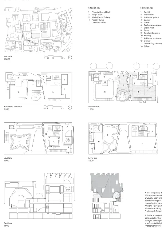  ??  ?? Site plan key
1 Phoenix Central Park 2 Indigo Slam
3 White Rabbit Gallery 4 Halo by Turpin Crawford Studio Floor plan key
1 Car lift
2 Plant room
3 Void over gallery
4 Gallery
5 Lobby
6 Performanc­e space
7 Green room
8 Entry
9 Courtyard garden
10 Balcony
11 Void over performanc­e space 12 Library
13 Connecting balcony
14 Office