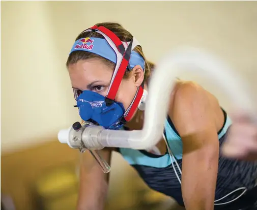  ??  ?? ABOVE
The athlete’s quest to improve performanc­e using data measuremen­ts is unending. Red Bull recently put triathlete­s Angela Naeth and Jesse Thomas through testing at Project Endurance in Death Valley, Calif., to analyze how muscle fibres are...