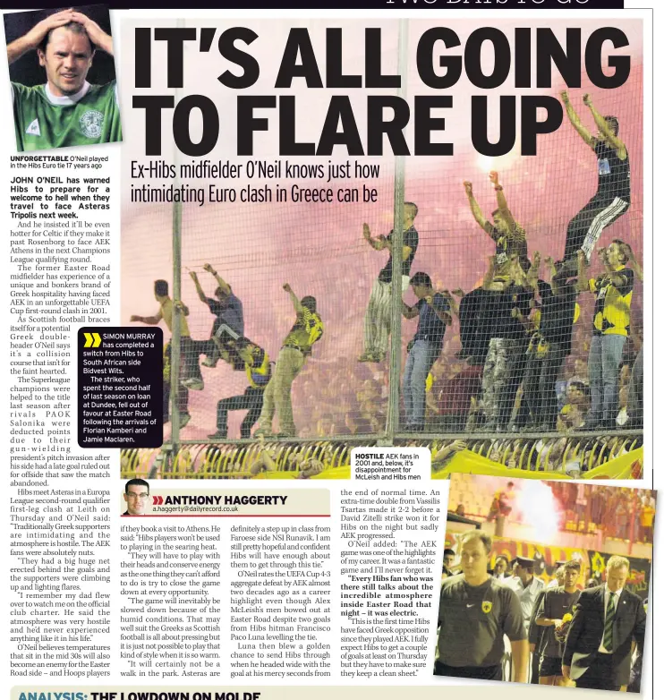  ??  ?? UNFORGETTA­BLE O’Neil played in the Hibs Euro tie 17 years ago ANTHONY HAGGERTY HOSTILE AEK fans in 2001 and, below, it’s disappoint­ment for McLeish and Hibs men