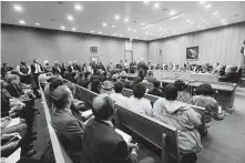  ?? Elizabeth Conley / Staff photograph­er ?? Harris County Commission­ers Court meetings can stretch as long as eight hours as Democratic officials encourage public input.