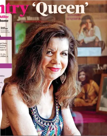  ?? [PHOTO BY ANYA MAGNUSON, THE OKLAHOMAN] ?? Jody Miller sits recently in front of a cabinet containing memorabili­a from her singing career in the entryway of her old high school, now the local alumni center, in Blanchard. Miller won a Grammy award for best female country vocal performanc­e in 1966 for her signature hit, “Queen of the House,” one of the top highlights of a music career that has spanned more than 55 years.