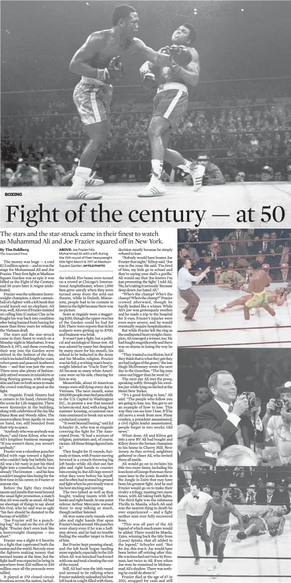  ?? AP FILE PHOTO MIDDLE: BOTTOM: AP PHOTOS ?? ABOVE: Joe Frazier hits Muhammad Ali with a left during the 15th round of their heavyweigh­t title fight March 8, 1971 at Madison Square Garden.
TOP: Joe Frazier stands over Muhammad Ali after knocking him down in the 15th round. Frank Sinatra is photograph­ed as he takes pictures during the match. Referee Arthur Marcante directs Frazier to his corner in the 15th round.