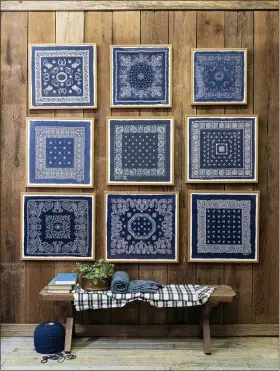  ?? CHRISTOPHE­R DIBBLE VIA AP ?? Above and below: the images released by Portland Oregon-based interior designer Max Humphrey shows framed bandanas that serve as decorative wall art, above, and a room with a wallpaper design inspired by bandanas, below.