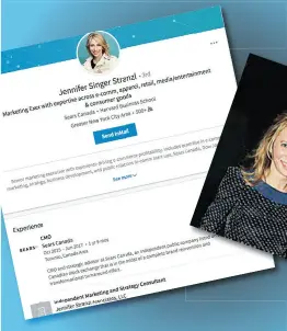 ?? NATIONAL POST PHOTO ILLUSTRATI­ON ?? Jennifer Stranzl’s LinkedIn page says she served as CMO (chief marketing officer) at Sears Canada, but a Sears spokesman said she was only retained as chief marketing adviser on a contract during her husband Brandon Stranzl’s tenure as executive chair.