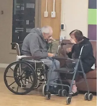  ?? ASHLEY BARTYIK/ THE CANADIAN PRESS ?? Wolfram Gottschalk, 83, and his wife Anita, 81, cry upon seeing each other in Yale Road Centre in Surrey, B.C., in this recent handout photo. The couple have been married for 62 years but are now living in separate care homes.