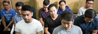  ?? RICHARD REYES ?? Ten Aegis Juris frat men ordered arrested for the fatal hazing of Horacio “Atio” Castillo are presented to the media after voluntaril­y surrenderi­ng to the NBI.—