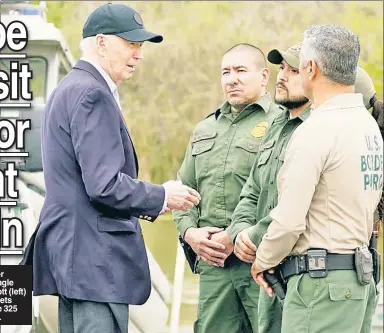  ?? ?? ON THE FRONT LINES: Former President Donald Trump visits Eagle Pass, Texas, with Gov. Greg Abbott (left) Thursday, as President Biden meets with Border Patrol officers a mere 325 miles away in Brownsvill­e, Texas.