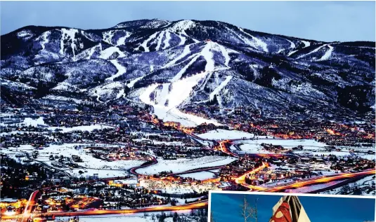  ??  ?? MOUNTAIN HIGH: Steamboat Springs, and David, right, with wife Elizabeth and sons Thomas and Jack by a tepee – a nod to the resort’s Wild West past