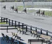  ?? CLIFFORD SKARSTEDT EXAMINER FILE PHOTO ?? Horses and their drivers approach the finish line in a qualifier from the empty seating area on the opening night of 2020 racing season at Kawartha Downs on June 6.