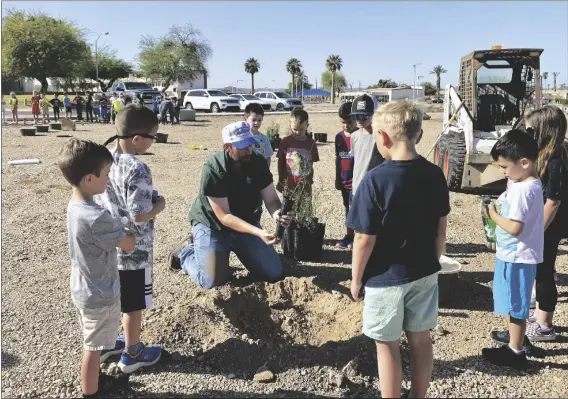  ?? ?? AS THEY PLANTED TWO PALO VERDES, wildlife biologist Daniel Steward explained to the students that it’s important to have the trees planted pointing north and south since the sun rises in the East and sets in the West.