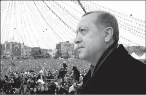  ?? AP/Presidenti­al Press Service/KAYHAN OZER ?? On Thursday at a rally in Sakarya, Turkish President Recep Tayyip Erdogan said the European Union could “forget about” the agreement that requires Turkey to readmit migrants in return for visa-free travel.