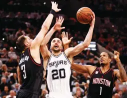  ?? (Reuters) ?? MANU GINOBILI’S turn-back-the-clock performanc­e in Tuesday’s night’s 110-107 overtime victory for the San Antonio Spurs over the Houston Rockets gave the Spurs a 3-2 lead in the Western Conference second-round playoff series. The 39-year-old guard made...