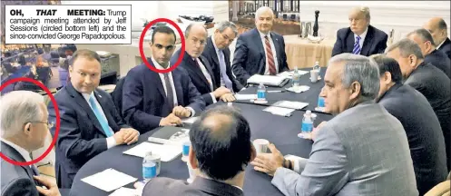  ??  ?? OH, THAT MEETING: Trump campaign meeting attended by Jeff Sessions (circled bottom left) and the since-convicted George Papadopolo­us.