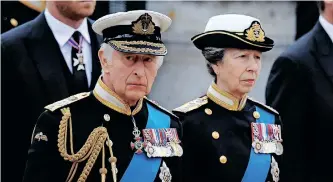  ?? | Reuters ?? BRITAIN’S King Charles and Princess Anne attend the state funeral and burial of their mother, Queen Elizabeth II, at Parliament Square in London, Britain on Monday.