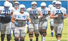 ?? MARK WEBER/THE COMMERCIAL APPEAL ?? University of Memphis offensive linemen run through drills during practice Tuesday afternoon.