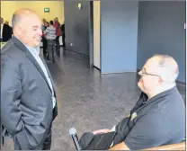  ?? KENN OLIVER/THE TELEGRAM ?? Conception Bay South mayor-elect Terry French (left) speaks with Conception Bay Area Chamber of Commerce executive director John Smith following a meet-and-greet with municipal election candidates on Tuesday. Both say the need for growth in the town’s...