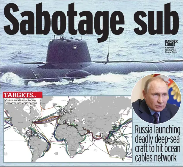  ??  ?? DANGER LURKS Kashalot submarine. Below, Putin