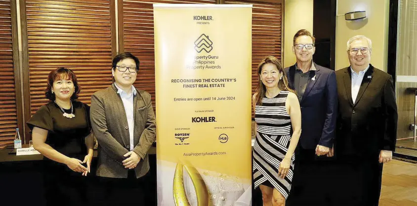  ?? ?? (L-R) Kamille Abapo, senior marketing manager of Kohler Kitchen and Bath Philippine­s, platinum sponsor; Lloyd T. Tan, partner at Diaz Murillo Dalupan and Company – HLB Philippine­s; Cyndy Tan Jarabata, chairperso­n of the independen­t panel of judges and president of TAJARA Leisure & Hospitalit­y Group Inc.; Jules Kay, general manager of PropertyGu­ru Asia Property Awards and Event; and John Richard Sotelo, senior vice-president and general manager of RLC Residences and chief marketing officer of Robinsons Land