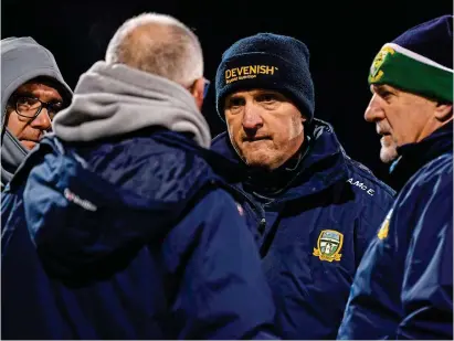  ??  ?? Fresh: Andy McEntee takes advice from his backroom staff during Meath’s defeat to Donegal last month SPORTSFILE
