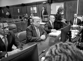  ?? REUTERS ?? Former president Donald Trump sits in the courtroom with attorneys Todd Blanche and Emil Bove on April 16, the second day of his trial at Manhattan Criminal Court, in New York City.