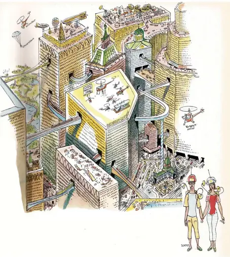  ?? GRAFIK: ARCHIV RHEINBAHN  ?? Anton Heinen zeichnete 1956 diese Zukunftsvi­sion für das Jahr 2000. Luftbusse der Rheinbahn landen auf den Dächern der Stadt.