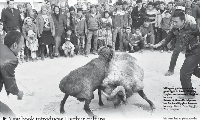  ?? Photos: Courtesy of Zhao Jiangtao ?? Villagers gather to watch a goat fight in Aksu, Xinjiang Uyghur Autonomous Region in 2014. Below: A Han official pours tea for local Uyghur farmers in 2014.