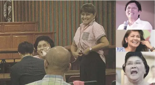  ??  ?? WTF at hearing on Mrs. Marcos's bail. Laughing: Imelda, Bongbong and Imee.