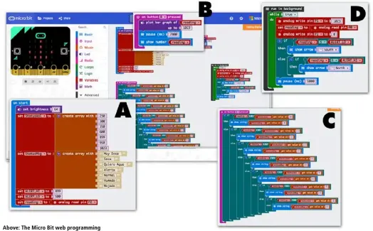  ??  ?? Above: The Micro Bit web programmin­g environmen­t. Some details on the programme blocks:(A) Block running once when the programme starts. It creates an array of messages shown in the various conditions of the programme and sets the reading value ranges correspond­ing to the humidity levels(B) Event generated when button B is pressed: shows a graph on the LED matrix correspond­ing to the numeric soil humidity reading. Converts the analogue value to a graph(C) Event generated when button A is pressed: a short text message scrolls past depending on the soil humidity reading(D) Background activity: periodical­ly reads the sensor value and displays an arrow showing instantly if the humidity level is high or low